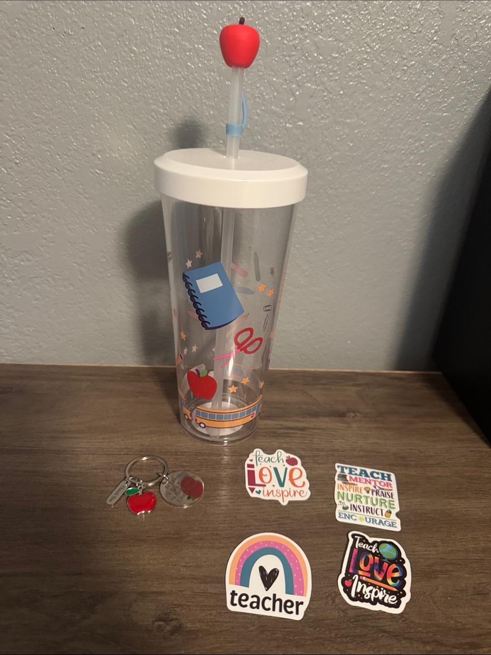 Teacher-Themed Clear Tumbler with Apple Straw Top & Accessories
